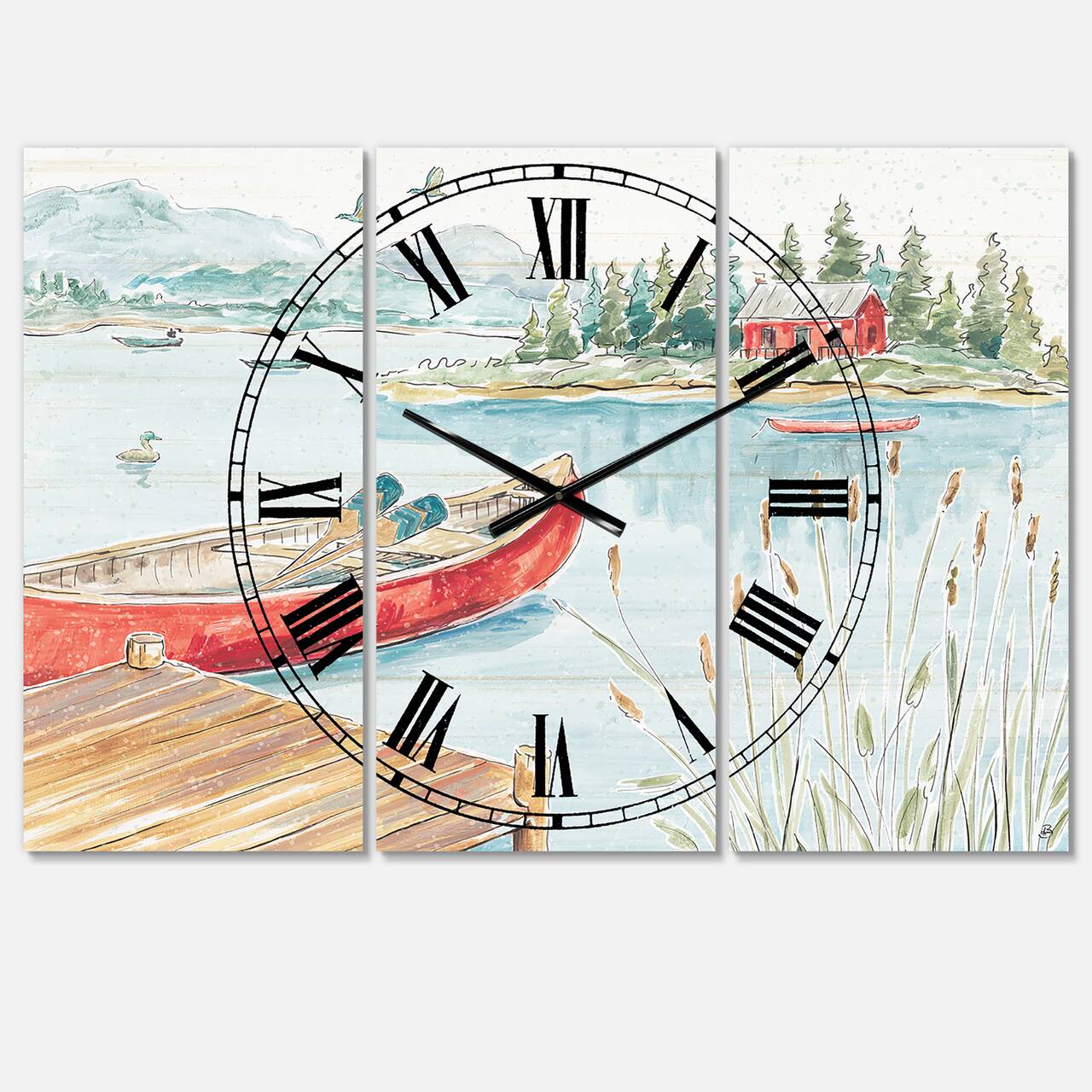 Designart Lake House Canoes I 3 Panel Wall Clock